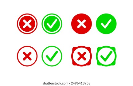 Vector de ícono simple: de acuerdo-en desacuerdo, sí-no, falso-verdadero, aceptado-rechazado, verde, rojo, OK y no OK. Ilustración vectorial de la marca de verificación verde y el icono de la cruz roja.