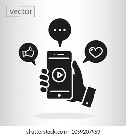 simple icon vector - flat design, illustration of video, selfie icon vector, cellphone in the hand icon