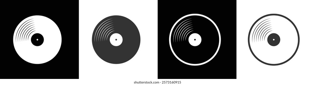 Simple icon vector retro gray vinyl record. Vinyl Record icon vector, Gramophone vinyl record symbol, Vector illustration of a vinyl in black, white and transparent background. Eps10