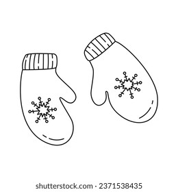 Simple icon of warm knitted mittens. Winter clothes. Warm accessory. Mittens with snowflake. Linear drawing, doodle, template. Winter vector illustration