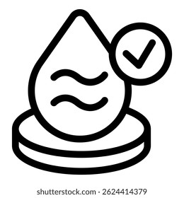 Einfaches Symbol eines Wassertropfens mit Wellen im Inneren und einem Häkchen, das für sichere und saubere Wasserressourcen steht