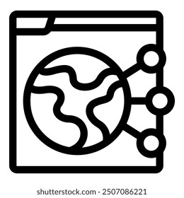 Icono simple de un Sitio web que se conecta a puntos de una red global, que representa la comunicación y conectividad global