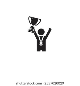 Simple Icon of a Winner Holding a Trophy in Celebration.  This representation symbolizes success, achievement, and triumph in competitions or personal goals.