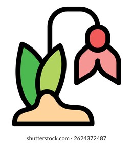 Ícone simples de uma flor rosa murcha com folhas verdes crescendo a partir de uma pequena duna de areia, representando a seca e a falta de água
