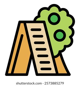 Simple icon of a wooden ladder leaning against the leafy branches of a tree for picking apples in an orchard