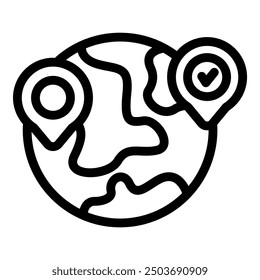 Simple icon of the world showing a successful arrival with a location pin and a checkmark