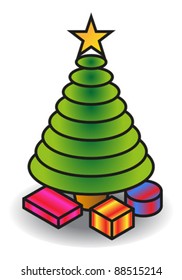 A simple iconic christmas tree with a star and three presents/gifts.