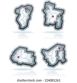 Simple (iconic) design of a countries of the world, from left to right, top to bottom:  Kingdom of Bahrain, People's Republic of Bangladesh, Kingdom of Bhutan, State of Brunei.