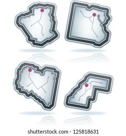 Simple (iconic) design of a countries of the world, from left to right, top to bottom:  People's Democratic Republic of Algeria, Arab Republic of Egypt, Libya, Kingdom of Morocco.