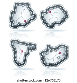 Simple (iconic) design of a countries of the world, from left to right, top to bottom:  Republic of Botswana, Kingdom of Lesotho, Republic of Namibia, Republic of South Africa.