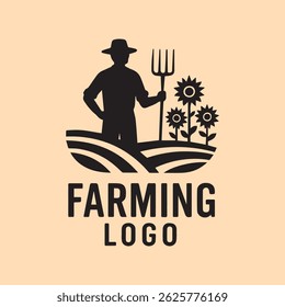 Einfaches und ikonisches Bauernlogo mit einer Silhouette eines Bauern, der eine Pitchfork hält, die auf einem bewirtschafteten Feld mit Sonnenblumen im Hintergrund steht.
