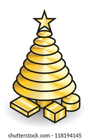 A simple iconic golden christmas tree with a star and three presents/gifts.