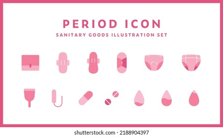 Einfache, symbolträchtige Sammlung von Produkten aus der Epoche.
Symbole in Verbindung mit Sanitär, Menstruation, Serviette, Pille, Hosen, Tampon, etc.