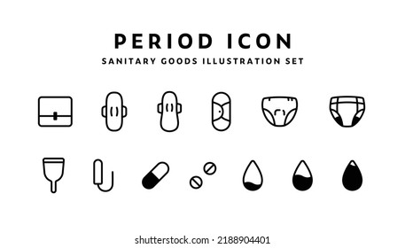 Simple iconic set of period products.
Icons related to sanitary, menstrual, napkin, pill, panties, tampon, etc.
