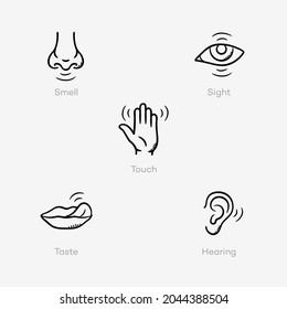 Simple icons for the basic five human senses - hearing, touch, taste, sight and smell. Easy to use for your website or presentation.	