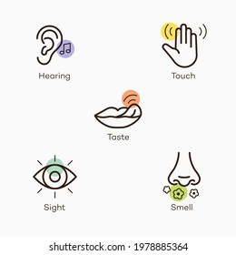 Simple icons with color accent for the basic five human senses - hearing, touch, taste, sight and smell. Easy to use for your website or presentation.