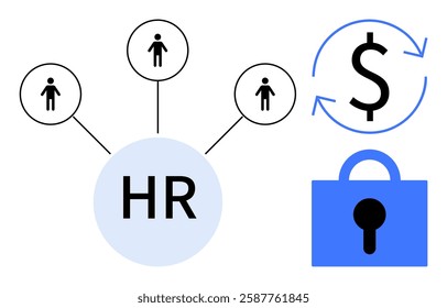 Simple icons connected to HR, people, money, and a lock symbol for security. Ideal for HR management, employee relations, payroll management, data protection, business operations. Flat vector style