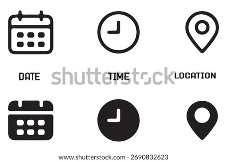 Simple icons for date time and location representing event planning and scheduling information