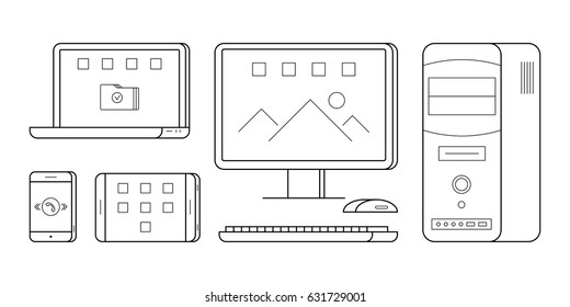 Simple icons of gadgets in thin line style. Electronic person and office devices: PC, telephone, laptop and tablet. Vector outline illustrations isolated on white background. Technology symbols