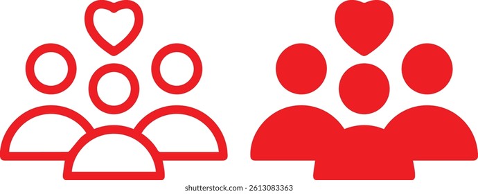 Simple icons, group of people, heart symbol, friendship, community, togetherness, black and white design, minimalist illustration, social connection, love, support