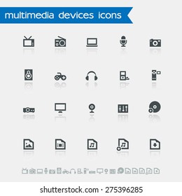 Simple icons of multimedia devices with reflections