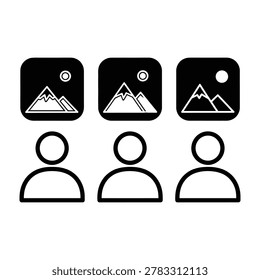 Simple icons of people viewing mountain landscapes with sun and moon
