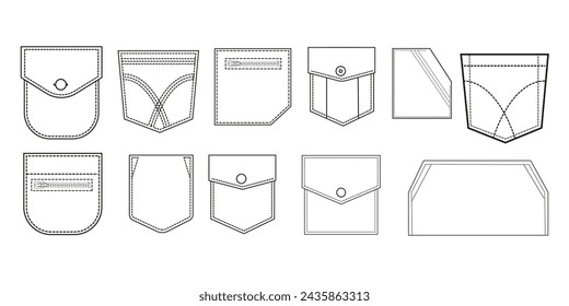  Simple icons. Pocket shapes. Textile sew clothe pockets, casual style template