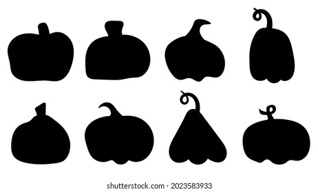 Simple icons of pumpkins. Black silhouette of a pumpkin. Thanksgiving and Halloween. A template of different shapes. Isolated vector illustration