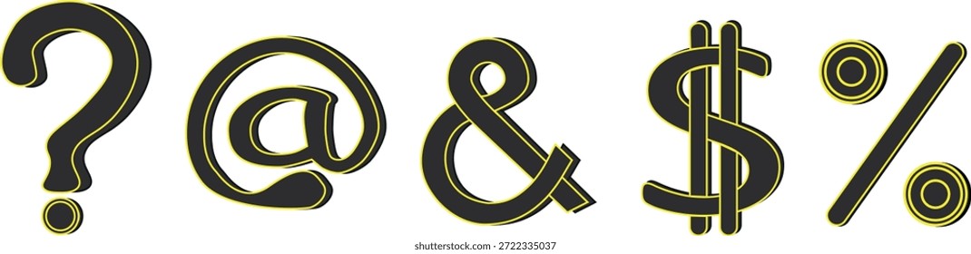 Ícones simples, ponto de interrogação, ao sinal, E comercial, cifrão e sinal de porcentagem. Ideal para tornar os designs mais atraentes.