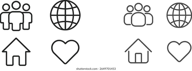 Ícones simples representam conceitos de comunidade, conexão global, coração e lar. Esses gráficos podem ser usados em vários projetos, enfatizando a unidade e o afeto.