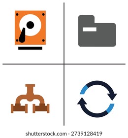 Simple icons representing hard drive, folder, valve, and refresh symbol, arranged in a grid