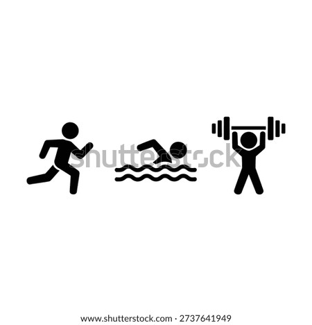 Simple icons representing running, swimming, and weightlifting exercises in a minimalist style.