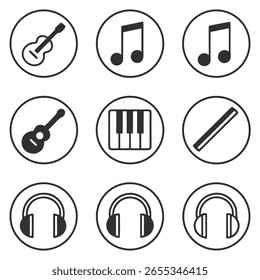 Iconos simples que representan varios instrumentos musicales y equipos de audio Colección de música e íconos relacionados con el audio en círculos