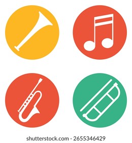 einfache Icons, die verschiedene Musikinstrumente und Audiogeräte darstellen Sammlung von Musik und Audio-Icons in Kreisen