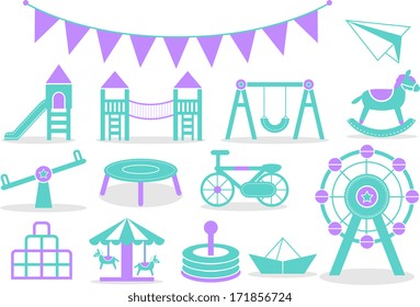 Simple icons of seesaw, slide, swing, jungle gym, carousel, wheel and toys related to children, seen commonly in the playground.