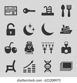 Simple icons set. set of 16 simple filled icons such as opened lock, photos, fork and spoon, key, outdoor chair, document, dna, crescent, camera, camera printing photo