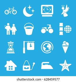 Simple icons set. set of 16 simple filled icons such as bucket, iron, tractor, ice cream, angel, microphone, hourglass, moon and stars, starfish, bicycle, clock, home, planet