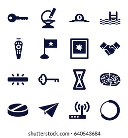 Simple icons set. set of 16 simple filled icons such as key, pizza, pill, pool, remote control, microscope, handshake, photo, camera, router, hourglass, clock, flag