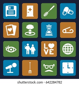 Simple icons set. set of 16 simple filled icons such as aid post, pin, toilet brush, mustache and glasses, pitchfork, pill, love word, diskette, hourglass, eye, microphone