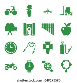 Simple icons set. set of 16 simple filled icons such as plane, necklace, tractor, apple, harden hose, qround the globe, harmonica, soft box, camera, fluorescent lamp