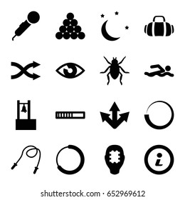 Simple icons set. set of 16 simple filled icons such as beetle, shuffle, moon and stars, info, sport bag, bell, eye, cpu in head, microphone, biliard triangle, arrow, loading