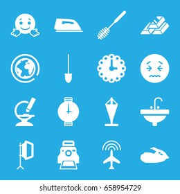 Simple icons set. set of 16 simple filled icons such as plane, iron, toilet brush, sink, confused emot, upset emot, shovel, microscope, camera printing photo, soft box