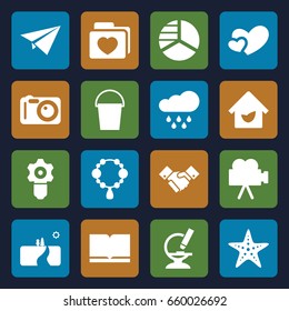 Simple icons set. set of 16 simple filled icons such as necklace, pie chart, bucket, folder with heart, heart, microscope, handshake, camera, eco house, starfish, rain