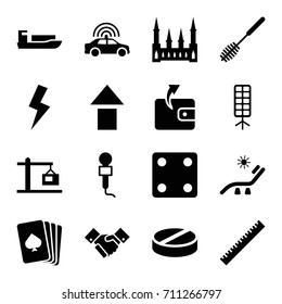 Simple icons set. set of 16 simple filled icons such as police car, ruler, castle, sunbed, pllaying card, dice, wallet, toilet brush, pill, microphone, handshake, soft box