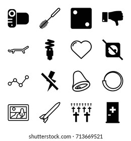 Simple icons set. set of 16 simple filled and outline icons such as aid post, dice, camera, dislike, no flash, fluorescent lamp, cemetery, no plug, heart, toilet brush, sun