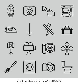 Simple icons set. set of 16 simple outline icons such as home, plug socket, Clubs, iron, toilet, toilet brush, trowel, shovel, case with heart, camera, soft box, no flash