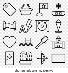 Simple icons set. set of 16 simple outline icons such as aid post, fountain, pool, heart, gong, burst, auto flash, mace, manuscript, shopping basket, flag, castle, bow