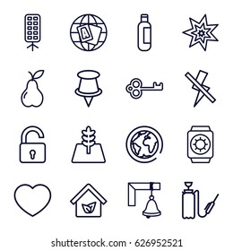 Simple icons set. set of 16 simple outline icons such as opened lock, bottle, globe, pear, harden hose, heart, soft box, no flash, tree, eco house, bell, wrist watch with sun