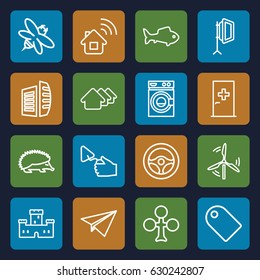 Simple icons set. set of 16 simple outline icons such as aid post, hedgehog, castle, house, clubs, washing machine, business center, trowel, bee, soft box, fish, mill