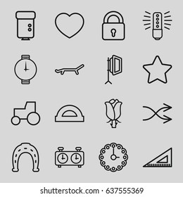 Simple icons set. set of 16 simple outline icons such as lock, horseshoe, tractor, ruler, rose, heart, shuffle, camera flash, soft box, sun, wall clock, wrist watch, clock